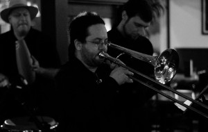 Bryan at Pinocchio's in Pasadena, playing trombone, small size